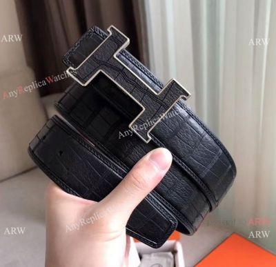 New Hermes Black Crocodile Style Leather Strap - Men Belt